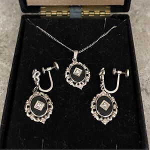 Vintage 10K White Gold PSCO Necklace and Earring Set, Black Onyx w/Diamonds